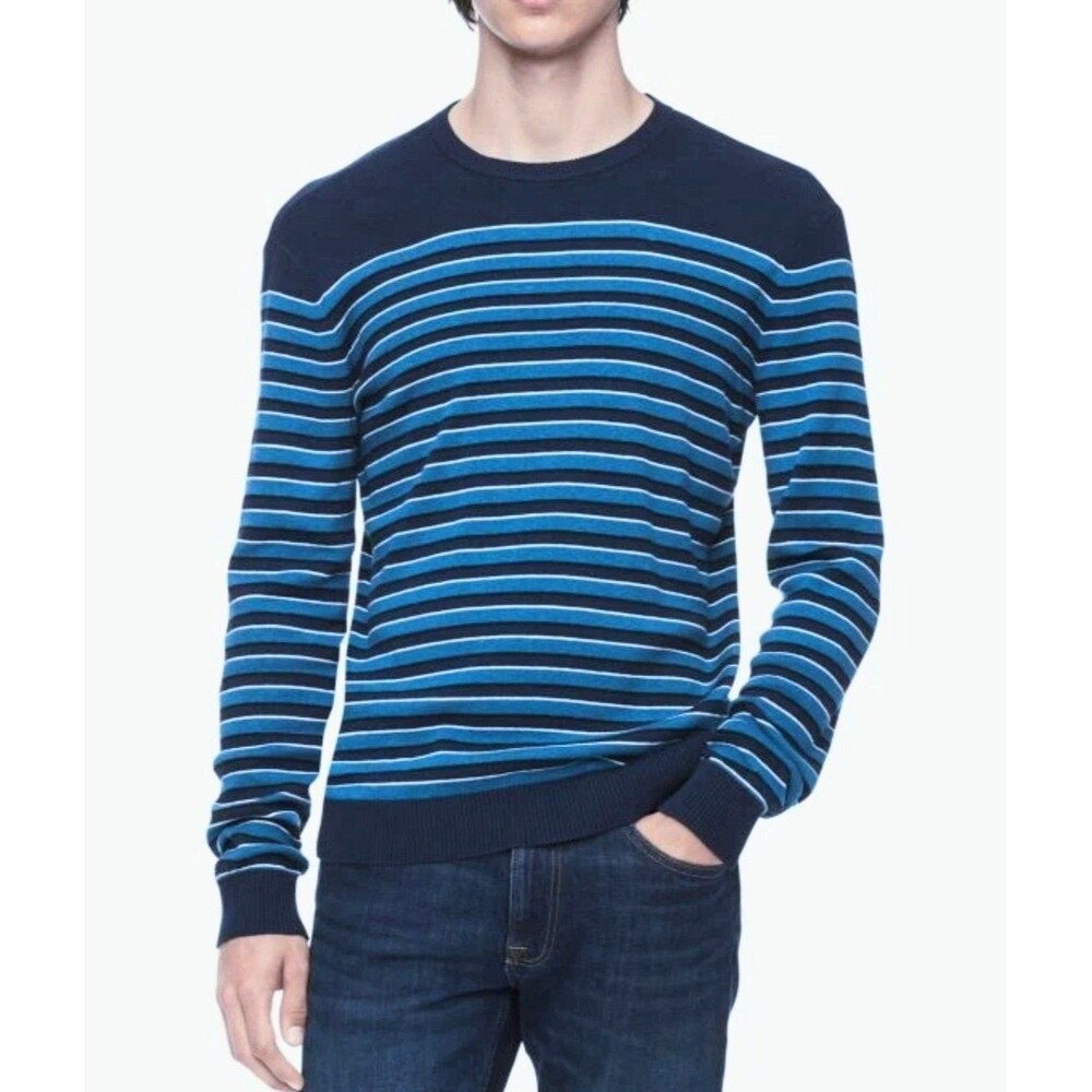Calvin Klein Mens Striped Pullover Sweater Norton Blue Modern Collegiate Size M